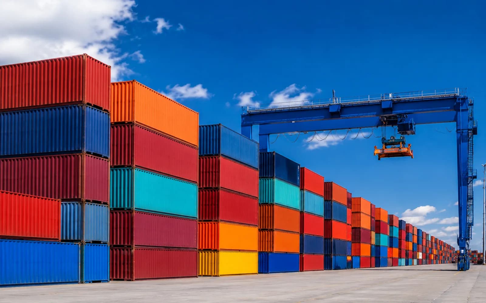 Stacked shipping containers under a gantry crane at a port terminal